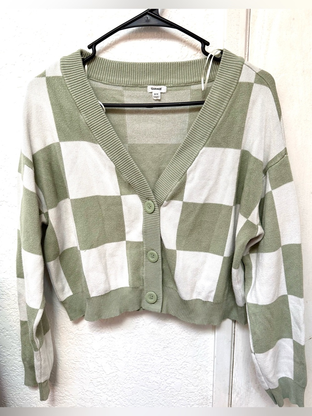 Garage Green and White Checkered V-Neck Cropped Cardigan Size Medium